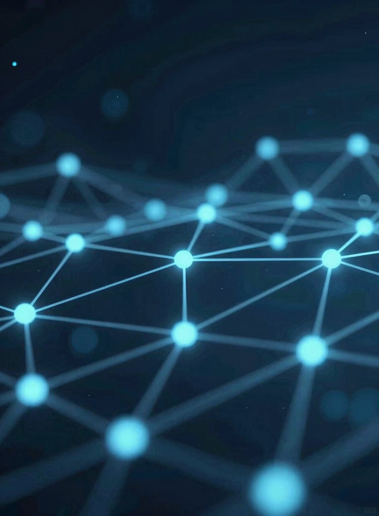 Abstract technological background with glowing nodes and lines representing a secure and integrated network, using #1A2E3D and #3C6B8D tones.