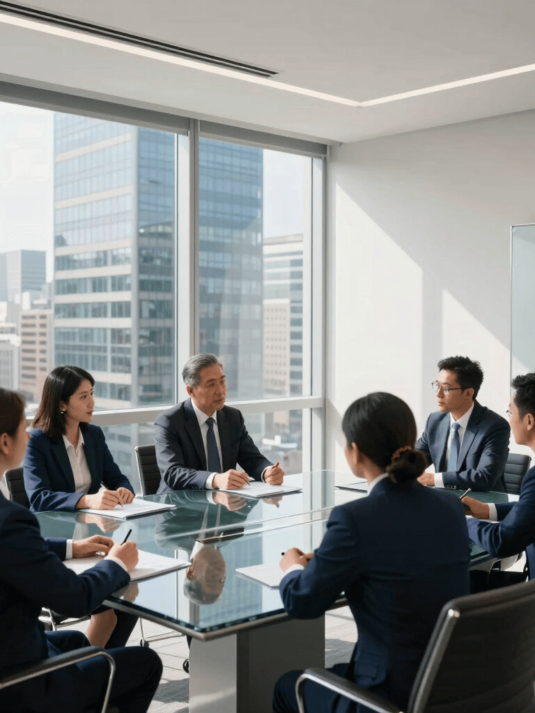 A wide-angle photography of a bright, modern conference room in a metropolitan high-rise. Professionals in formal business attire are discussing strategy around a large glass table. Natural sunlight from large windows. North American / Spanish-speaking corporate aesthetic, sophisticated atmosphere, featuring tones of deep blue and white.