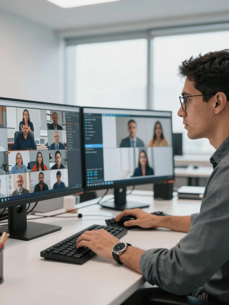 A professional South American engineer in a modern office, working with multiple high-definition monitors showing tele-attendance network data, bright and clean natural lighting.