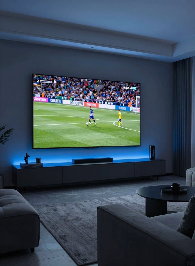 A sophisticated modern living room at night with a large wall-mounted screen displaying high-definition sports action. The room is accented with soft indigo blue ambient lighting and charcoal grey furniture.