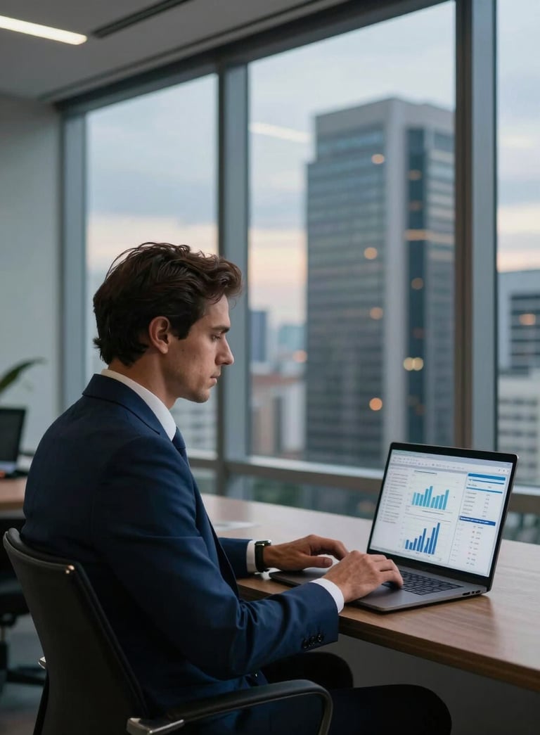 A professional South American businessman in a dark blue suit sitting in a high-rise office in São Paulo, looking confidently at a laptop screen with data charts, dynamic evening lighting through large windows.