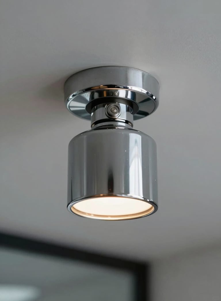 A close-up shot of a modern chrome fire sprinkler head installed in a sleek North American office ceiling, professional and clean industrial aesthetic.