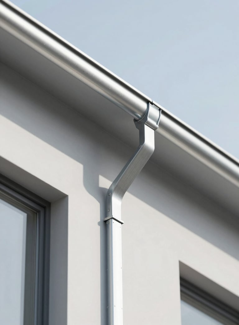 Architectural shot of a modern building with expert zinc flashing and gutter work. The image conveys dependable expertise and durability. Soft shadows and bright daylight showcase the precision of the installation, utilizing tones of #263238 and #ECEFF1.