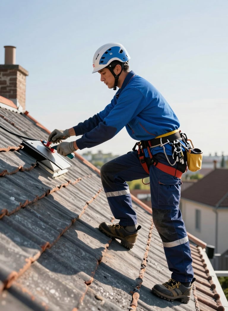 A professional roofer in steel blue and dark navy blue workwear working safely on a traditional tile roof of a Western European / French house, bright morning light, emphasizing safety and skill.