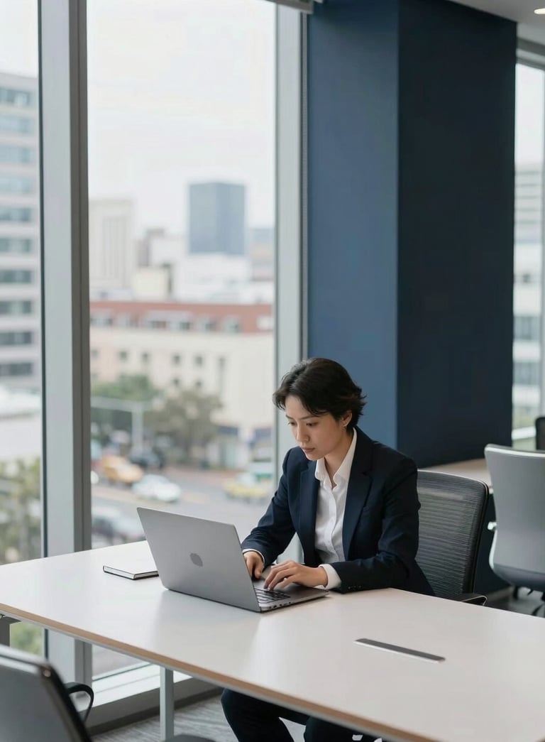 A high-angle shot of a sleek, modern office in Georgia with floor-to-ceiling windows. A professional consultant is looking at a laptop. The lighting is bright and clear, featuring accents of dark navy and pale frost white in the decor.