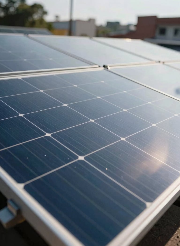 A professional close-up of high-efficiency solar panels with a clean, reflective surface, showing the sky in a South Asian / Indian urban setting, bright daylight, with deep blue and muted teal highlights.