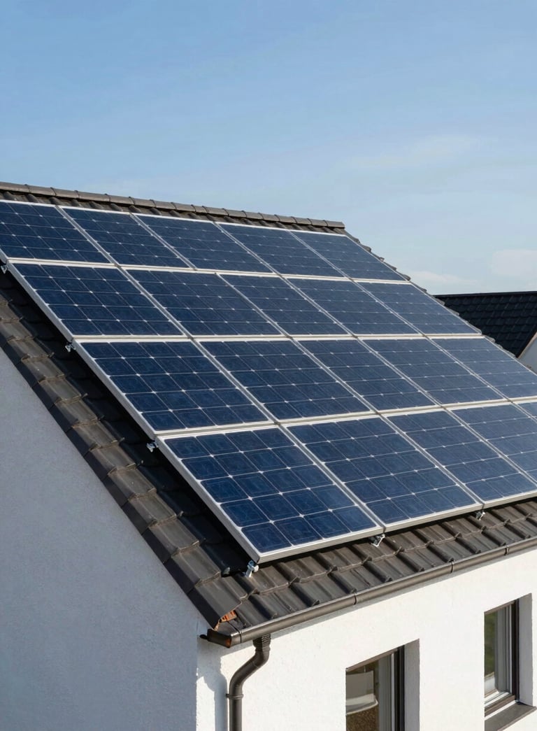 Photography of high-efficiency solar panels installed on a modern Central European house roof, bright sunny day, clear blue sky, clean composition, reflecting soft white light.