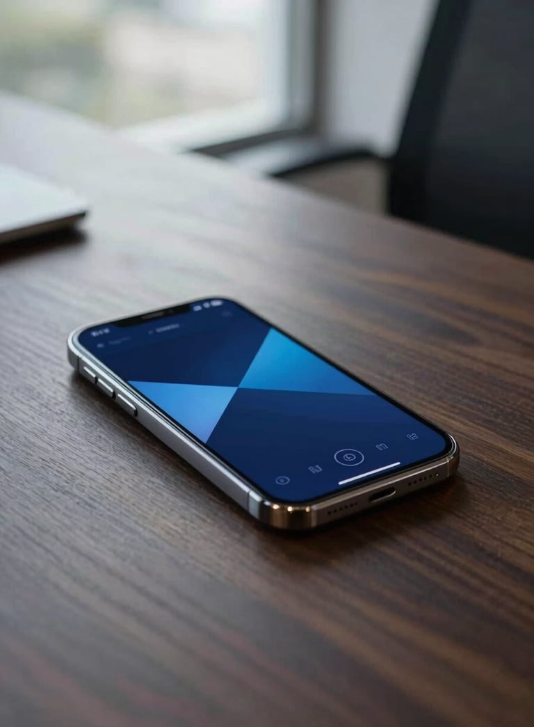 A professional photography shot of a sleek smartphone resting on a dark wood desk in a modern US corporate office, the screen displaying a blurred creative interface with deep blue and medium blue tones, natural light from a nearby window.
