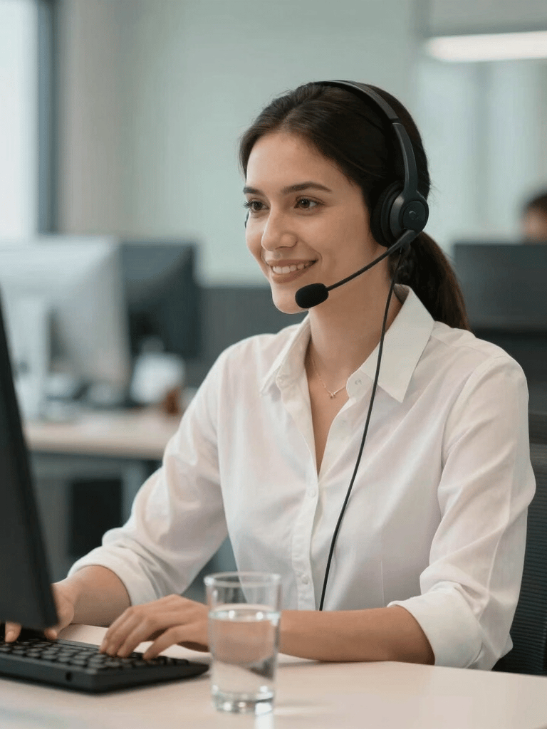 A professional tele-service agent in a modern South American office wearing a headset and smiling, with a clean desk and a refreshing glass of water. Professional and approachable mood with soft greens and off-white colors.