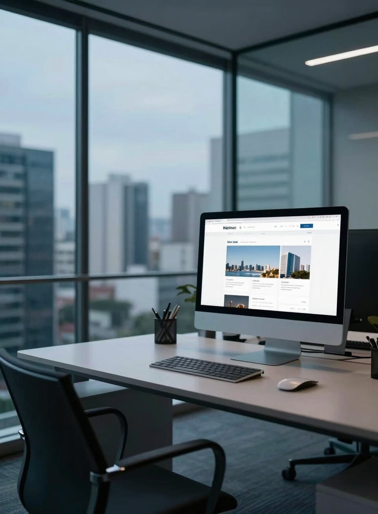 A wide shot of a high-end minimalist office in São Paulo, featuring a sleek desk with a large computer monitor showing a clean website layout, with a blurred cityscape view through a glass wall, in the style of professional interior photography using deep blue and teal tones.