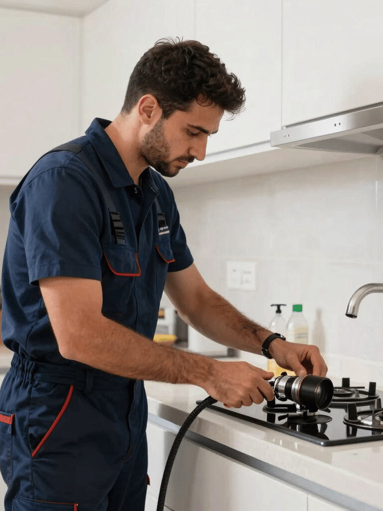 A professional plumber technician in a dark blue uniform working in a clean and modern kitchen in a Middle Eastern / Turkish home, natural daylight, professional equipment visible.
