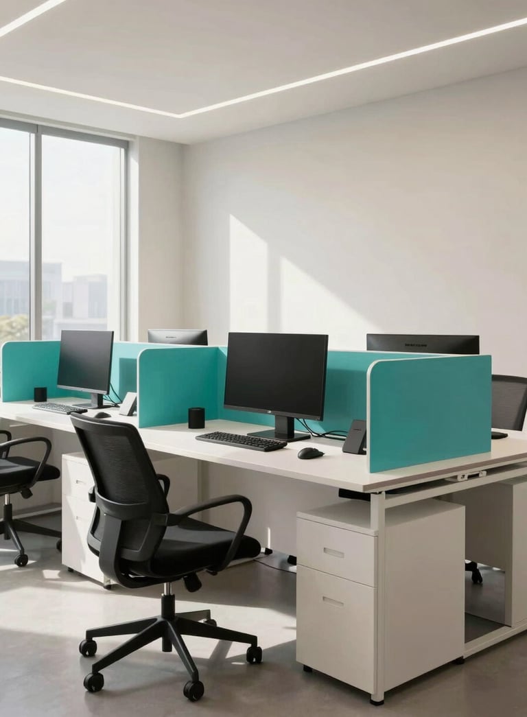 A sleek, modern North American / US office setting with a wide-angle lens. A professional workstation featuring high-end tech, bathed in natural light and soft off-white tones, with bright teal accents.