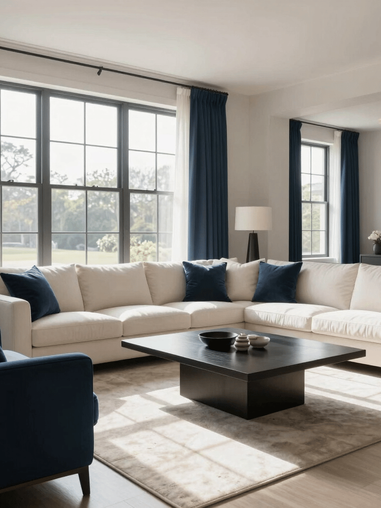 A high-end North American living room, sun-drenched with large windows, showing impeccably clean surfaces, minimalist furniture, and a calm atmosphere with navy and off-white tones.