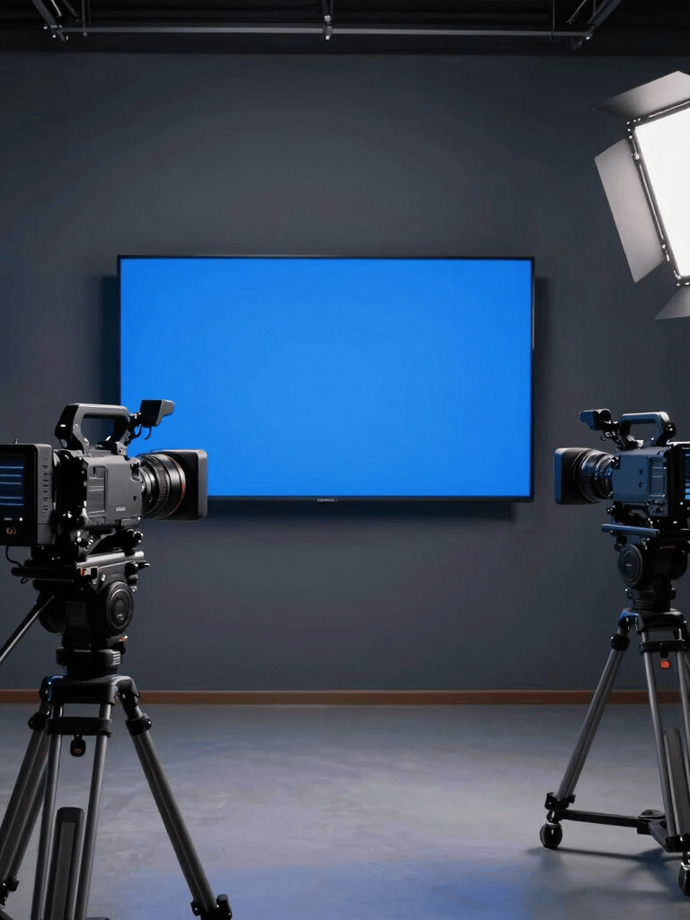 A sophisticated technology studio setup in Turkey with glowing navy and slate blue screens, professional cinema cameras on tripods, and futuristic digital lighting.