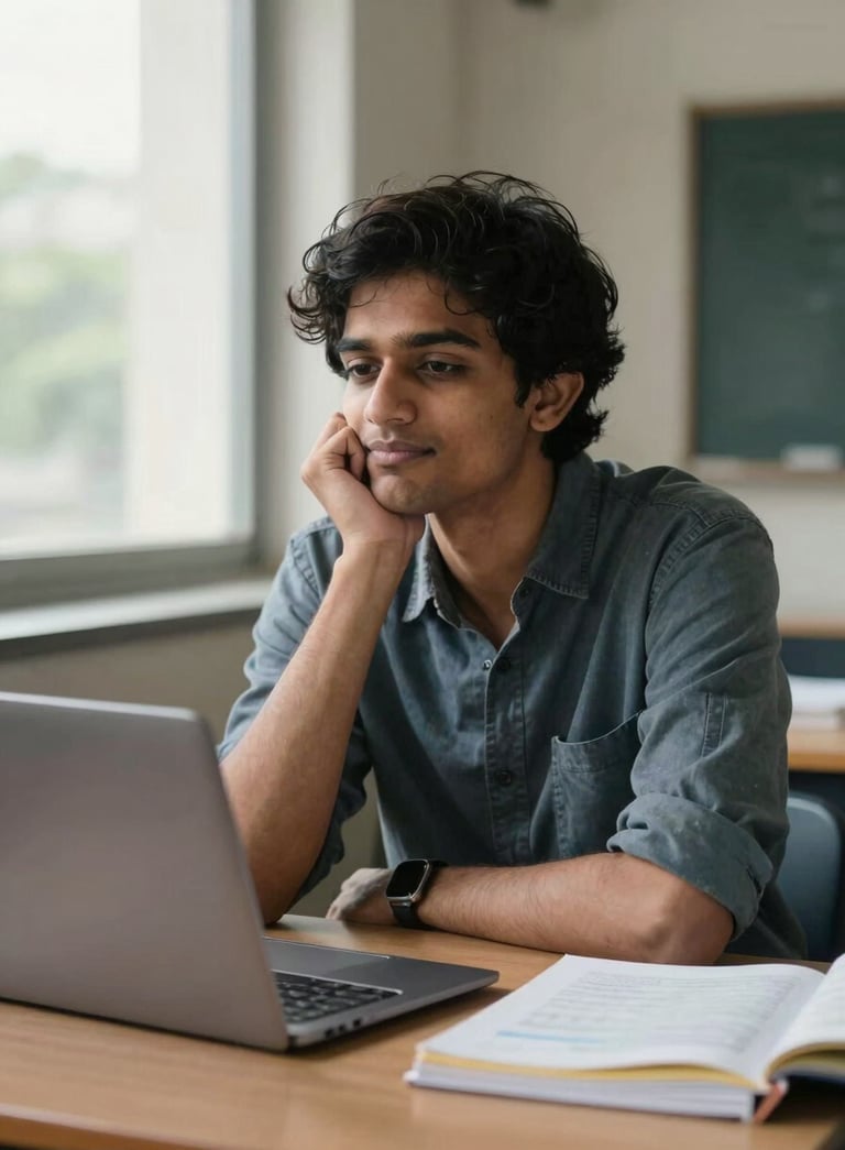 A focused South Asian student in a modern academic setting, sitting at a desk with a laptop and textbooks, looking relieved and confident, soft natural lighting from a nearby window.
