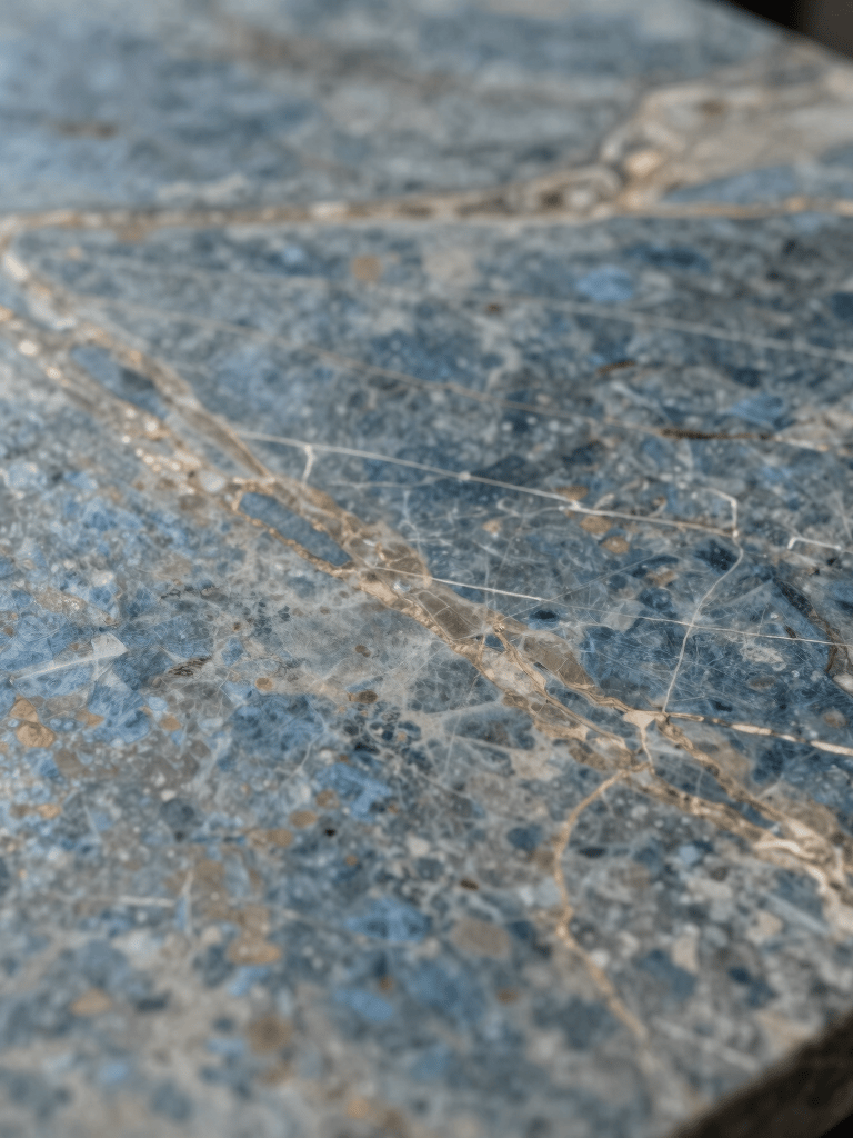 Macro photography of a high-end slate blue and taupe stone surface with subtle metallic veins, professional lighting, Northern European / Dutch luxury interior detail.