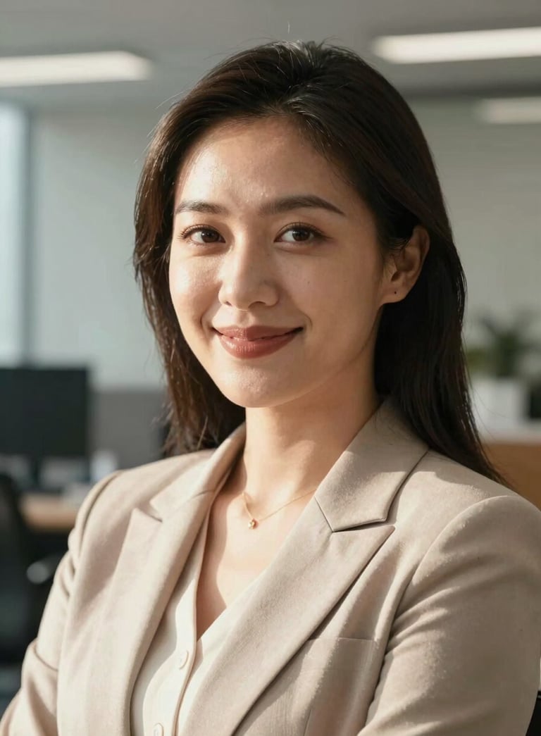 A close-up photograph of a Southeast Asian woman in elegant, professional attire, looking forward with a confident and inspiring smile in a sunlit office environment.