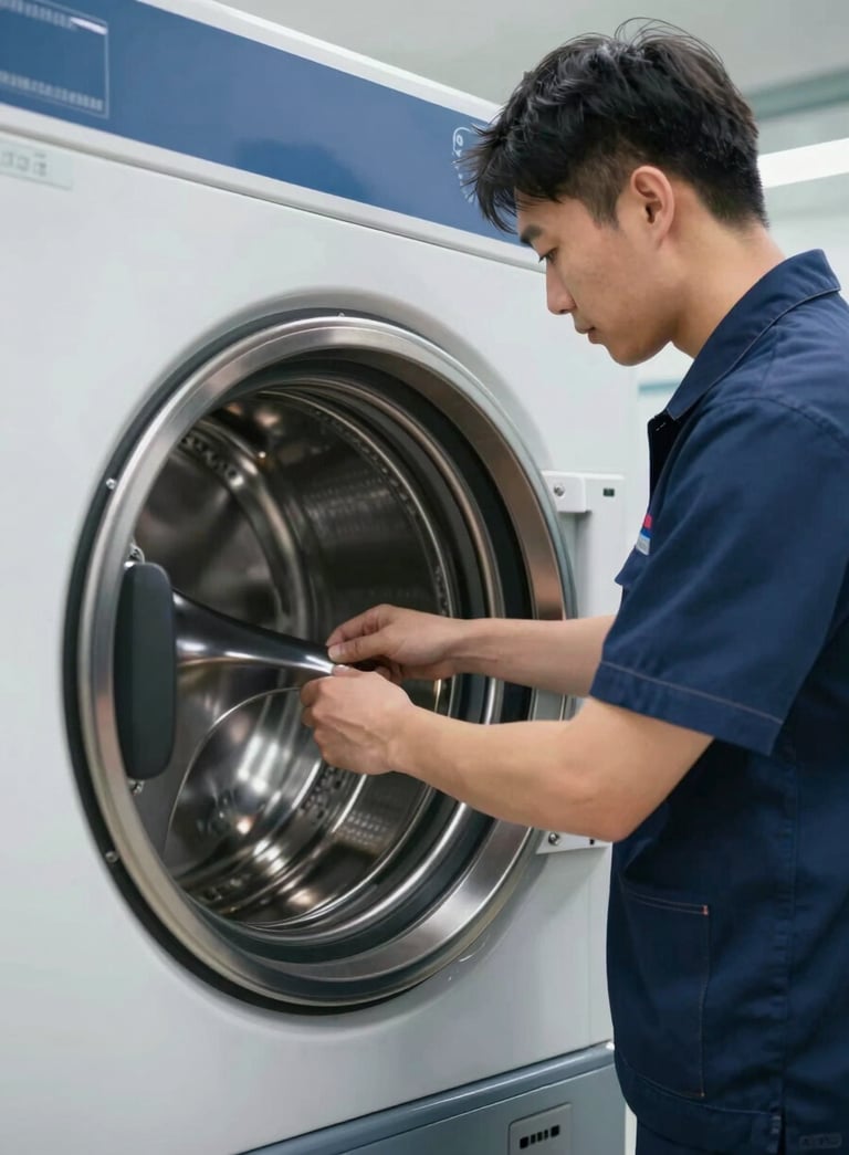 A professional technician wearing a sleek uniform with the brand colors #0B1A2B and #8AA4BC, inspecting the internal drum of a large industrial washing machine in a well-lit, modern laundry facility. Clean, technical, and sophisticated atmosphere.