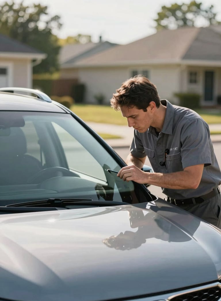 Professional photography of a technician in a clean uniform carefully inspecting a windshield on a modern SUV parked in a sunlit North American suburban driveway. Soft natural lighting, premium feel, shallow depth of field.