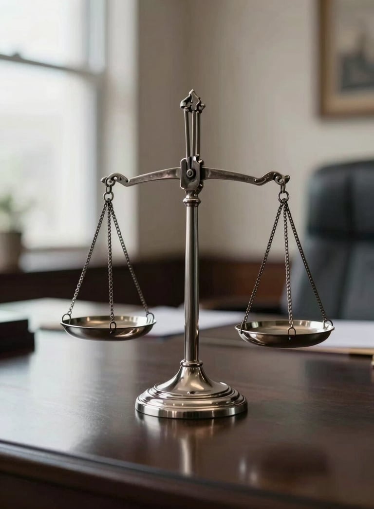 A silver scale of justice resting on a polished deep black table in a professional South American / Brazilian law office, soft natural lighting through a window.