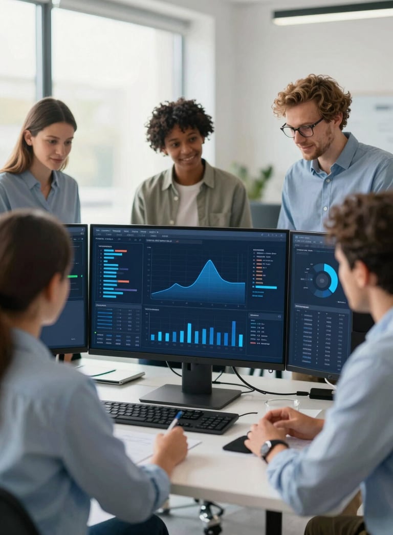 A group of diverse professionals working together around a digital dashboard in a sunlit, innovative workspace. The atmosphere is inspiring and trustworthy, with accents of #3C6E71 and #C0D6DB.