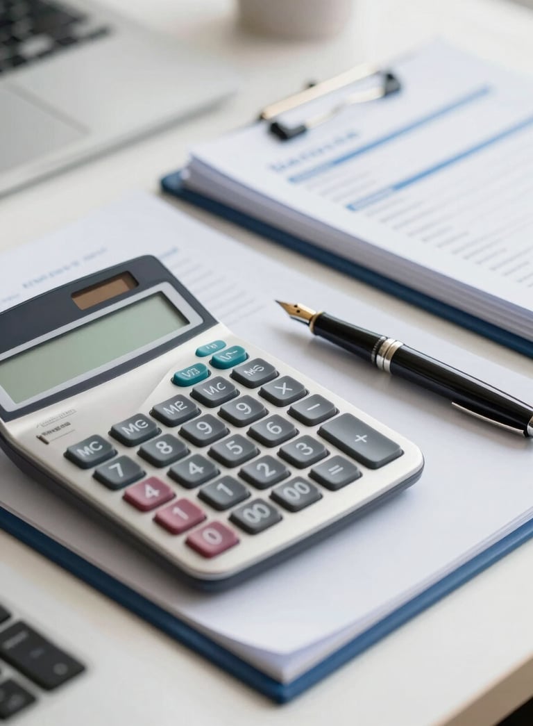 A close-up of an organized executive desk with a high-end calculator, a fountain pen, and neatly stacked financial folders, emphasizing unwavering professionalism and precise accounting services, with subtle #0A192F and #89B3D7 accents.