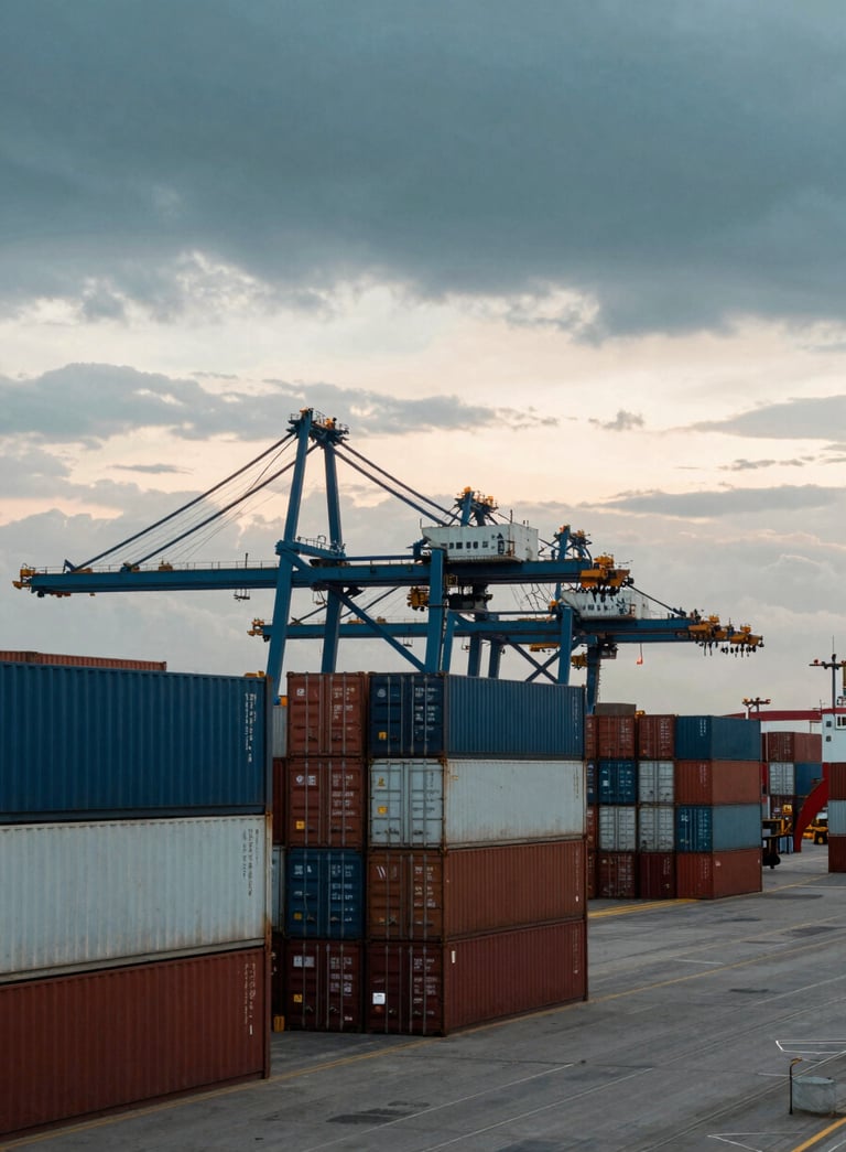 A bustling South American cargo port at dawn, showing large shipping containers and a professional logistics atmosphere with a sky reflecting soft dark teal and off-white hues.