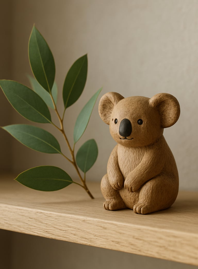 A high-quality close-up of a small wooden koala figurine sitting on a shelf next to a fresh eucalyptus sprig. The lighting is soft and natural, reflecting an Australian aesthetic.