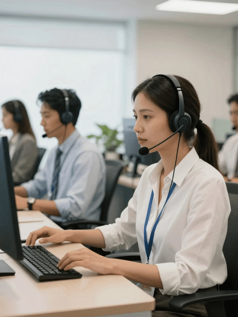 A bright and airy call center environment in South America with professional operators wearing headsets, modern ergonomic furniture, light steel blue and off-white color palette.
