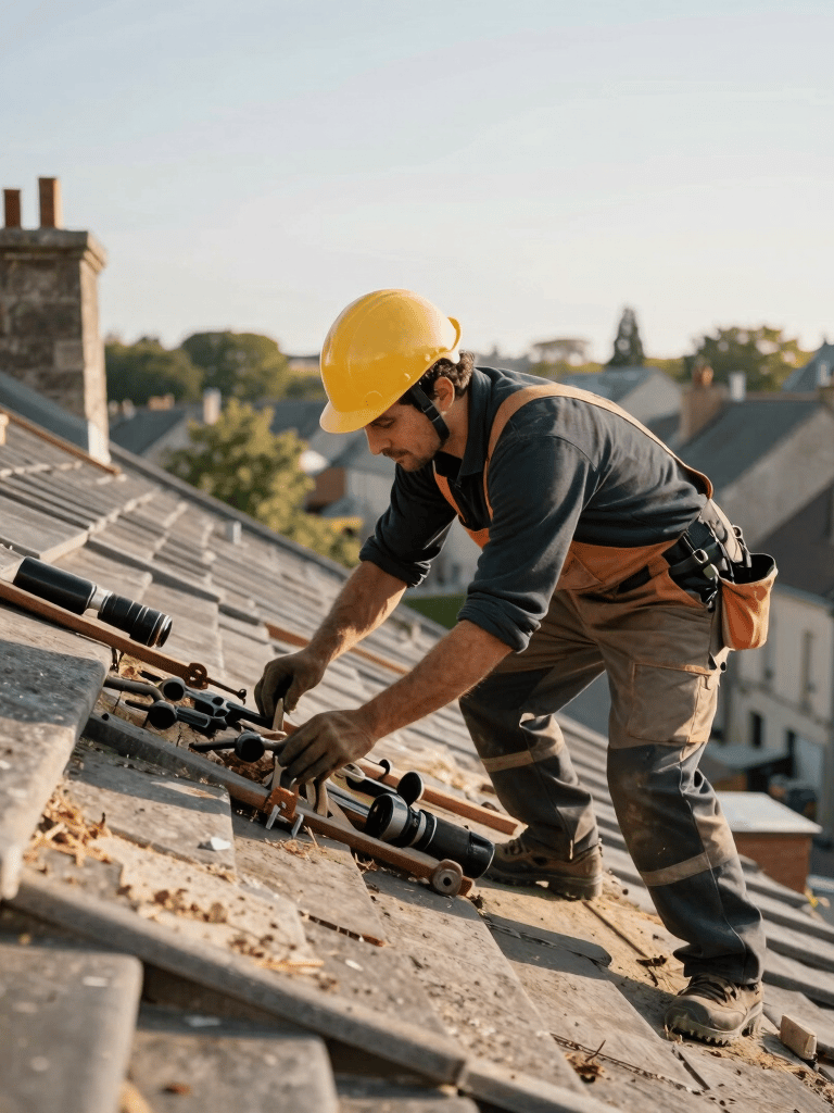 Un couvreur professionnel en tenue de travail installant des ardoises sur un toit pentu dans une ville française. Lumière du matin douce, outils visibles, atmosphère de savoir-faire artisanal de l'Europe de l'Ouest.