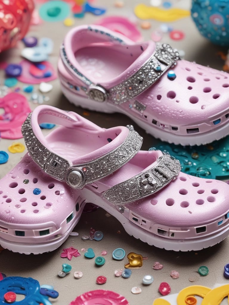 A vibrant pair of personalized Crocs adorned with colorful charms and glitter accents, set against a sunny outdoor backdrop.