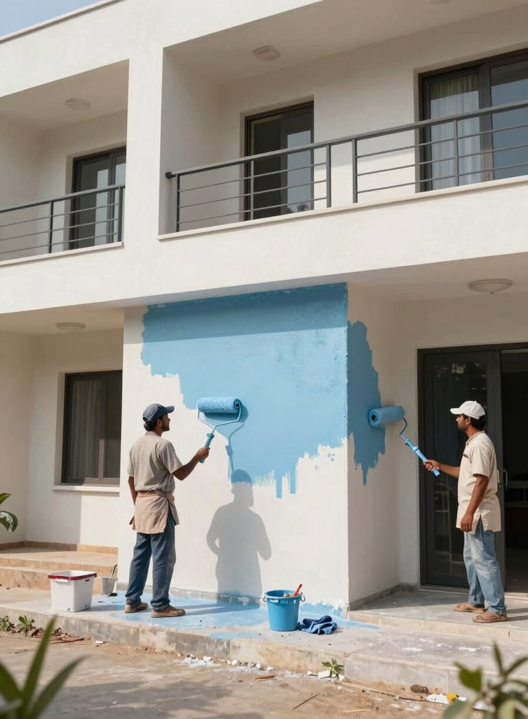 A wide shot of a professional painting crew in South Asian / Indian work attire using rollers to apply Sky Blue paint to the exterior of a modern residential building. Bright, natural daylight, professional photography.