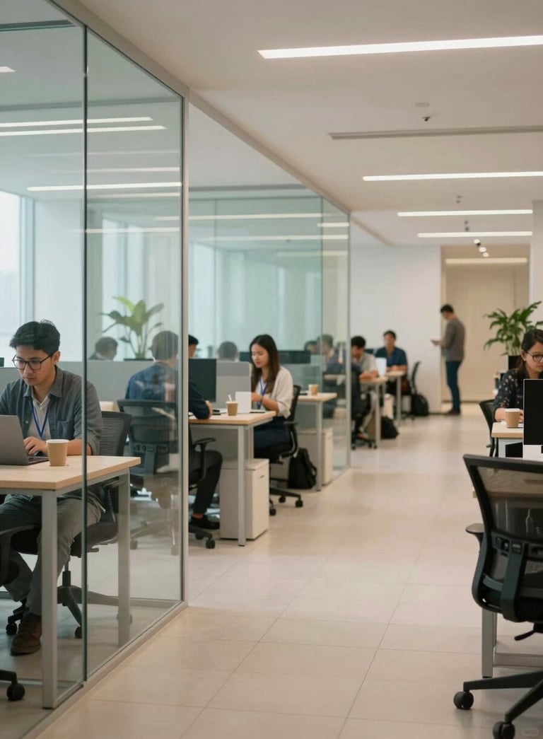 A wide shot of a modern, professional office space in Indonesia with glass partitions. Professionals in a Southeast Asian / Indonesian co-working space are seen in the background. The scene has soft mint and off-white accents, conveying innovation.