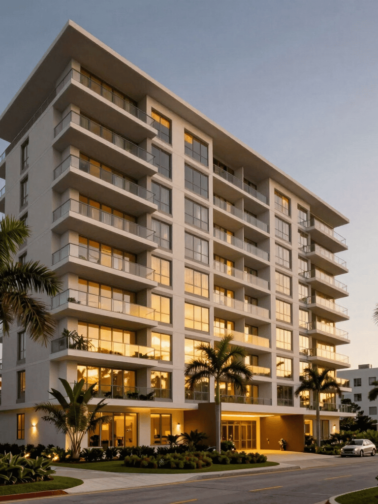 A wide-angle professional photograph of a premium South Florida apartment complex exterior at twilight, with warm golden lighting reflecting off modern windows and well-manicured tropical landscaping.