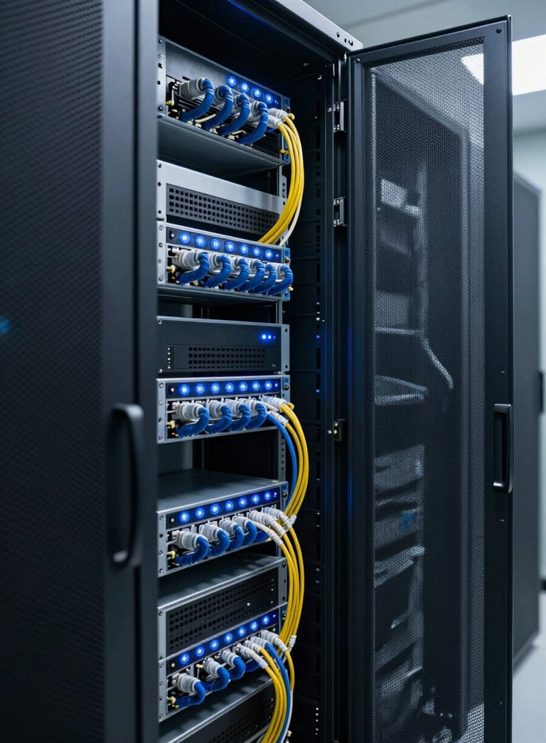 A clean and organized server room with glowing blue indicator lights and neatly managed cables in a high-tech facility in South Asian / Indian tech hub, professional photography.