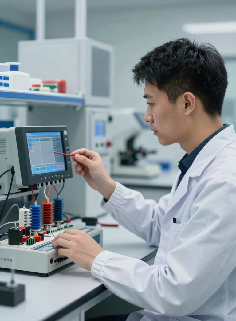 A professional technician in a clean laboratory setting monitoring an electrical insulation test on a digital interface. The scene conveys technological advancement and precision. The brand palette #0D2B44 and #3A4750 is reflected in the technical gear and room shadows.
