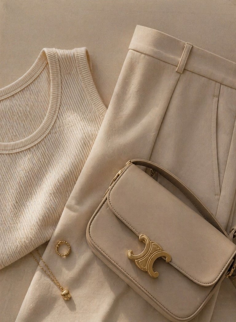 Beige luxury outfit inspiration with neutral clothing, minimal fashion styling and elegant accessori