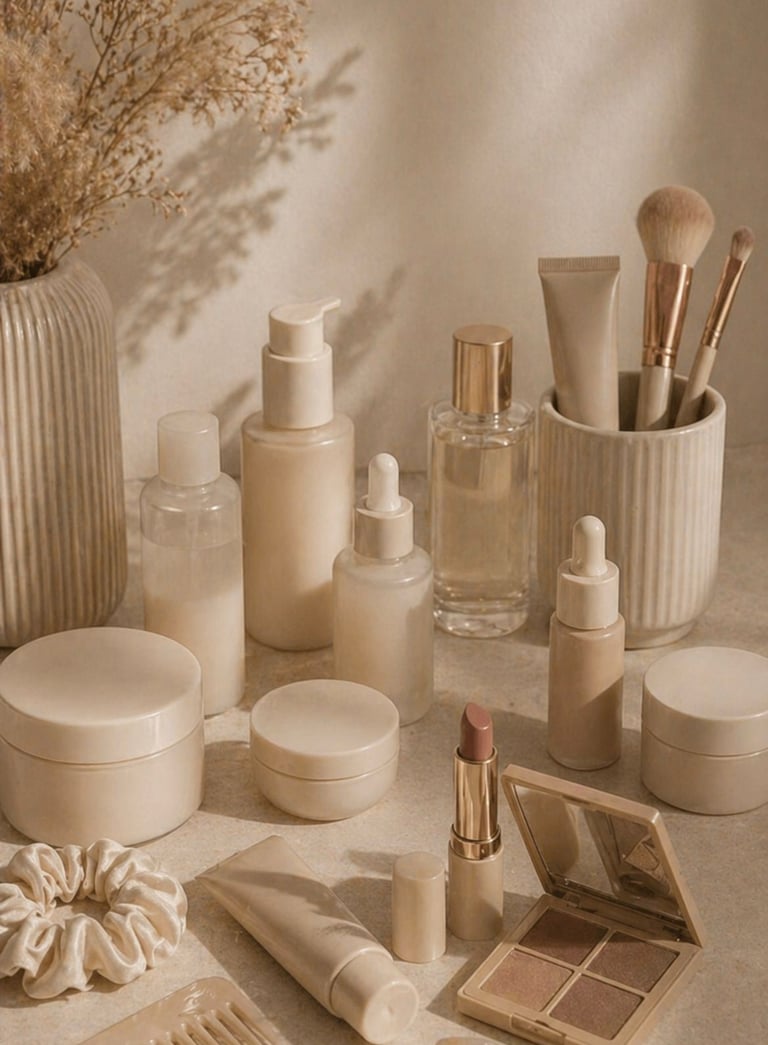 Beige luxury beauty products aesthetic with skincare, makeup and minimal styling