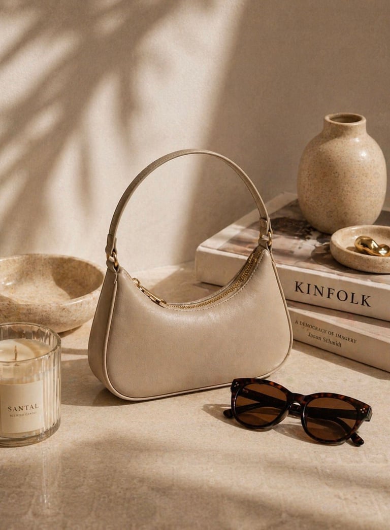 Beige luxury accessories aesthetic with bags, sunglasses and minimal fashion pieces