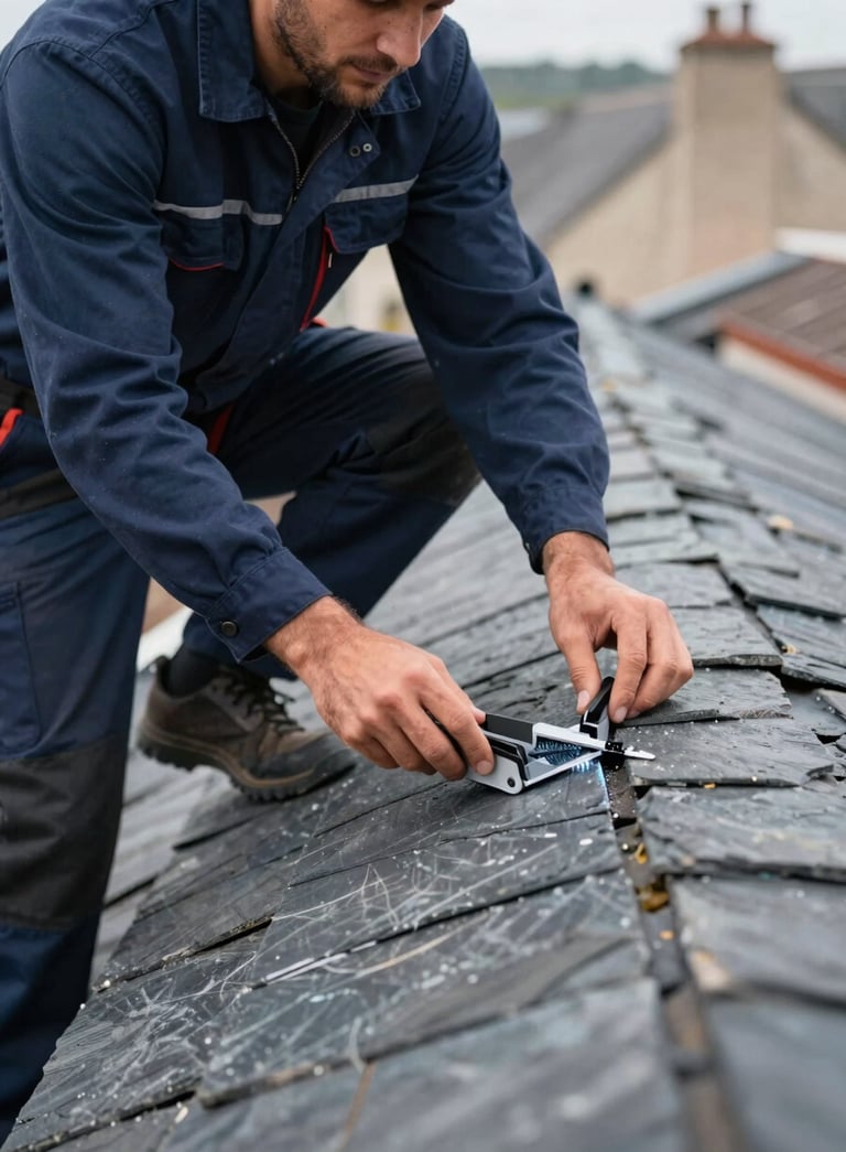 A professional roofer in a navy blue work uniform inspecting a slate roof in France. The composition is focused on the roofer's hands checking for leaks, using modern equipment in a Western European setting.