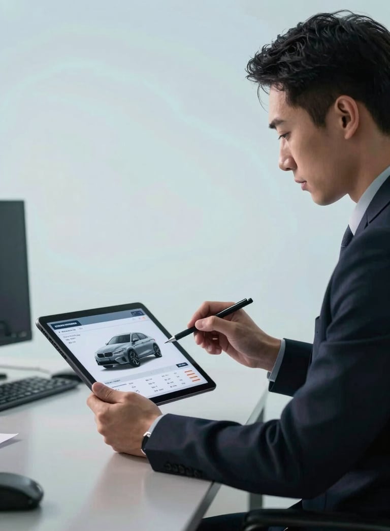 A professional car appraiser in a modern office using a digital tablet to analyze vehicle data, soft sky blue and pale mist blue ambient lighting, sophisticated and reliable atmosphere.