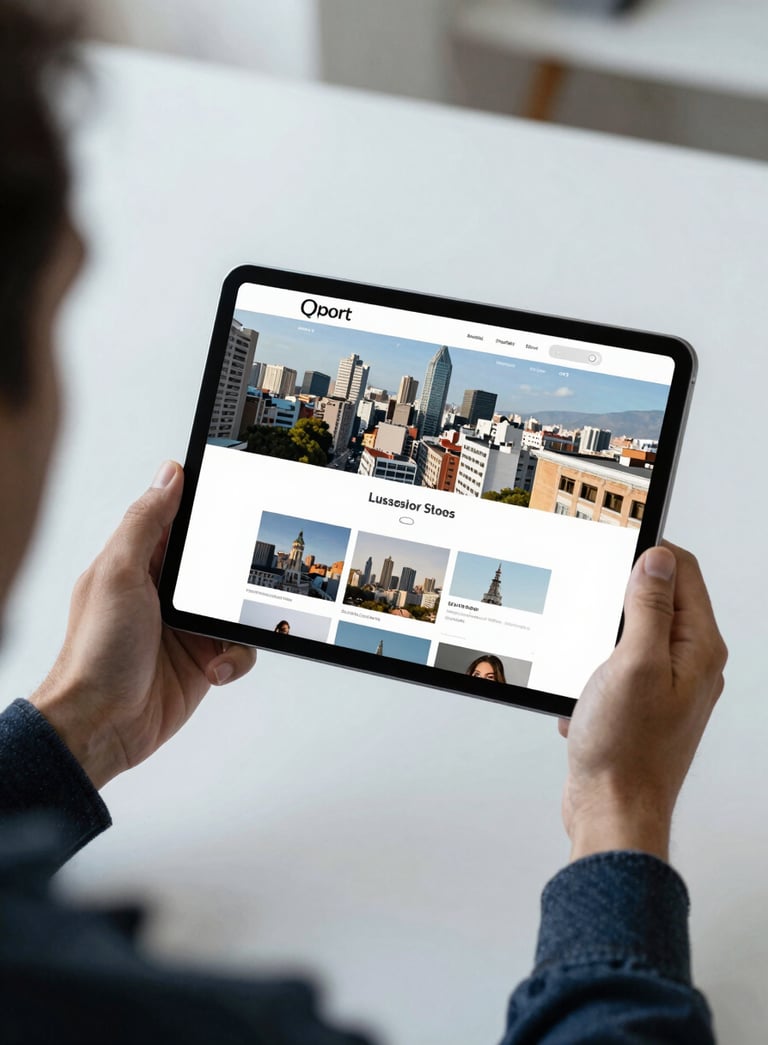 Professional hands holding a modern tablet that shows a beautiful, structured website layout. The setting is a bright, professional creative studio in a Latin American city. Soft light blue and white palette.