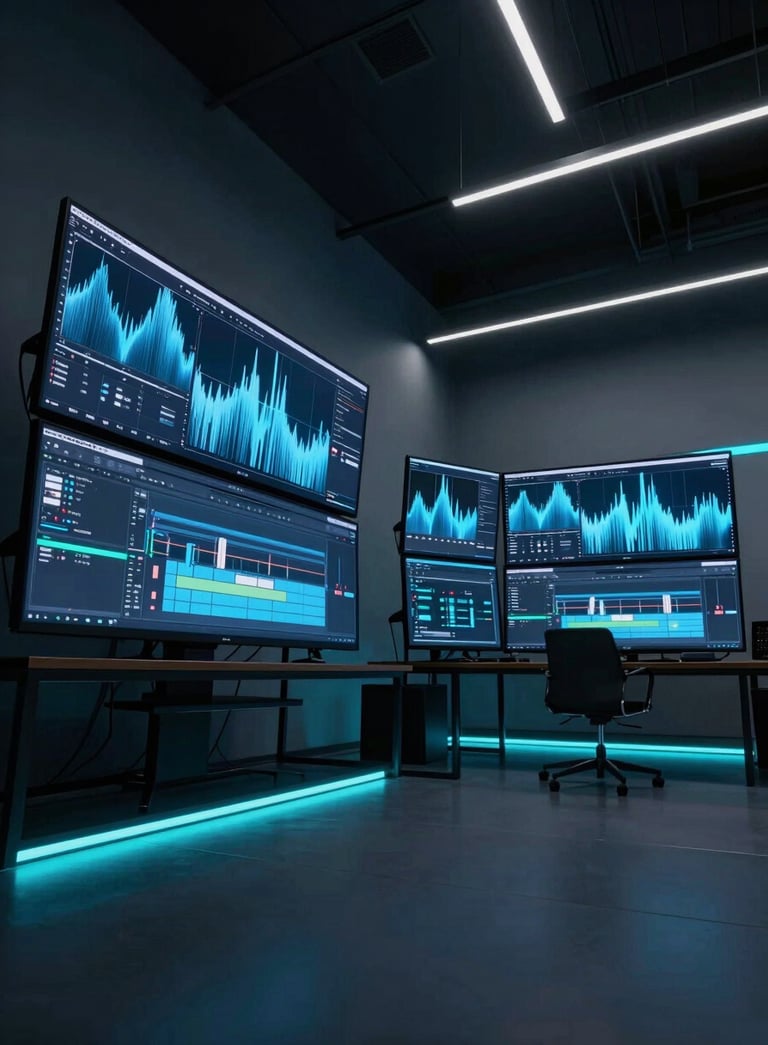 A wide, low-angle shot of a high-tech creative studio in a South American urban loft. Large monitors display professional video editing software with dynamic light blue wave patterns. The environment is minimalist and dark, with neon cyan accent lighting along the floor and ceiling, giving a futuristic vibe.