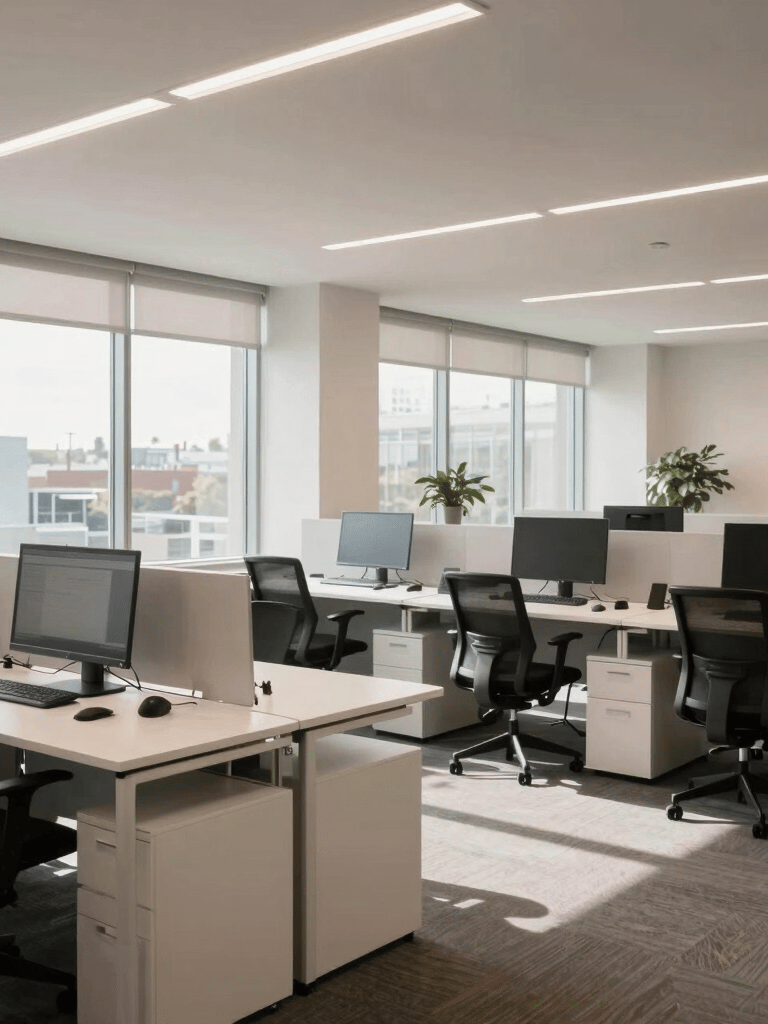 A wide-angle interior shot of a modern, open-concept technology office in Kitchener, Ontario. Natural light streams through large windows, highlighting clean off-white desks and ergonomic chairs. North American / Canadian professional atmosphere.