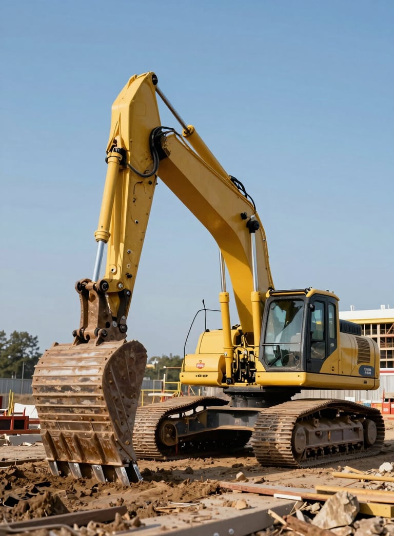 A powerful yellow excavator working on a modern construction site, North American / US landscape, clear blue sky, professional architectural composition.