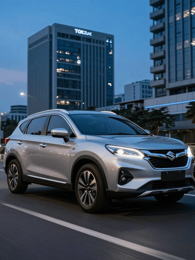 A professional commercial photograph of a sleek silver Suzuki XL7 driving on a clean Jakarta city street during twilight. The sky is a deep Royal Blue. Modern Southeast Asian architecture in the background.