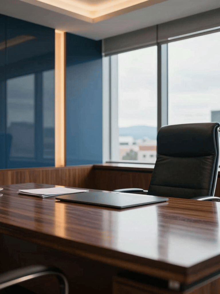 A professional high-end corporate office in Bogota, South American / Colombian setting, soft natural light reflecting off a polished mahogany desk and glass windows, sophisticated financial atmosphere with dark blue and gold tones.