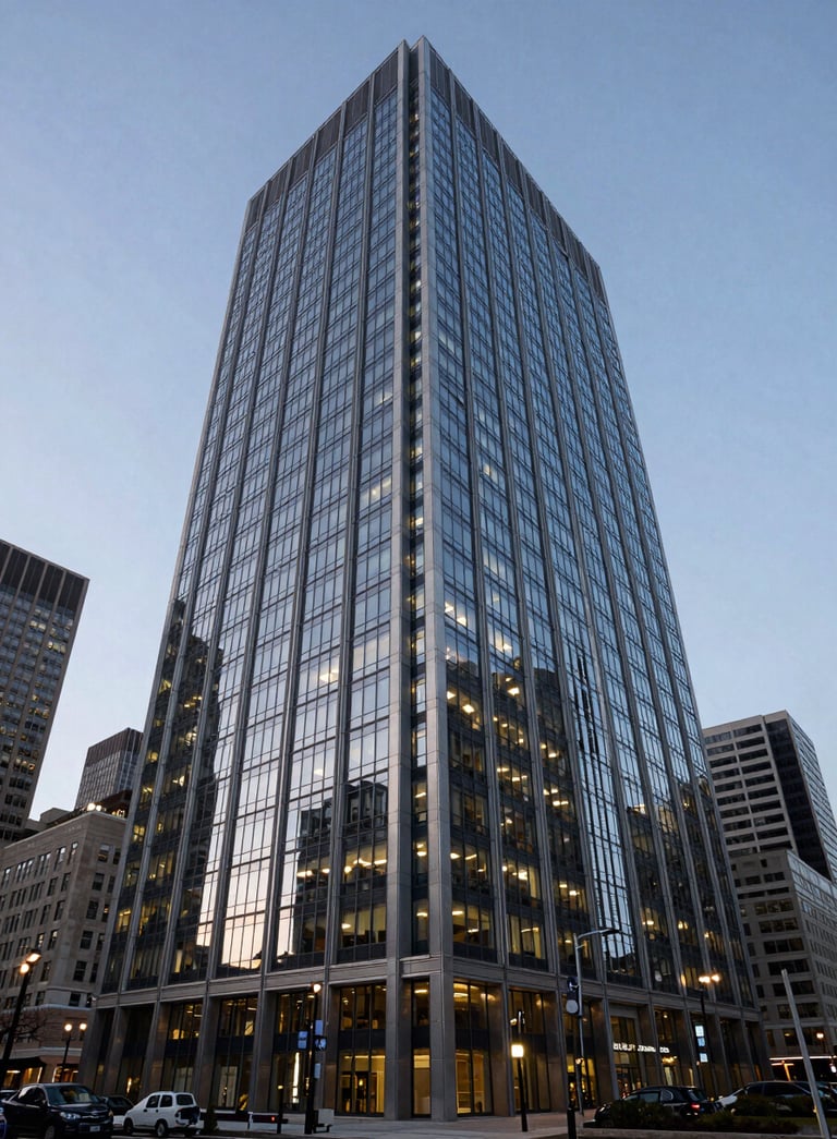 A sharp, wide-angle shot of a modern glass-and-steel office building in a major North American city at dusk, representing high-level corporate infrastructure and success.