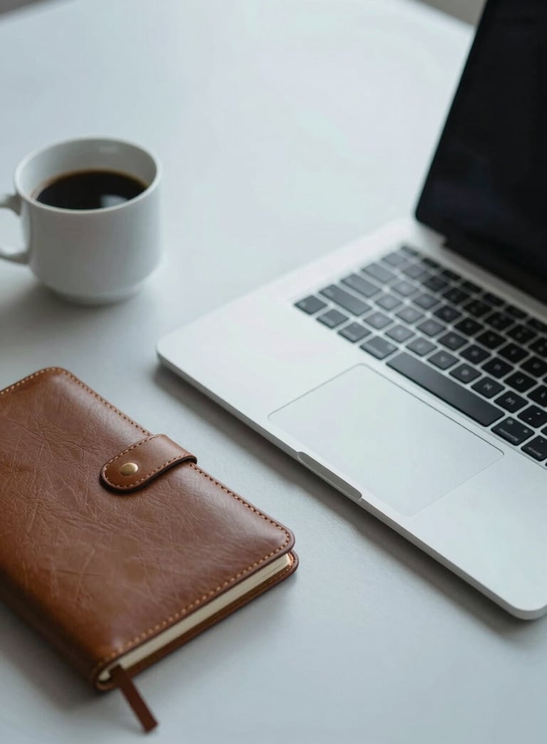 A professional desk setup featuring a sleek silver laptop, a leather notebook, and a coffee cup on a pale misty white surface, with soft slate blue lighting.