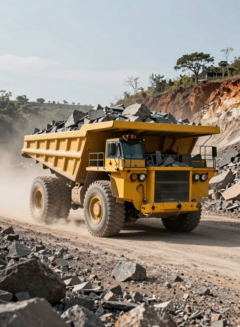 A wide shot of a heavy-duty yellow mining truck loaded with raw limestone driving through a dusty road in a South American / Brazilian open-pit mine, afternoon sun, sharp focus, cinematic lighting.